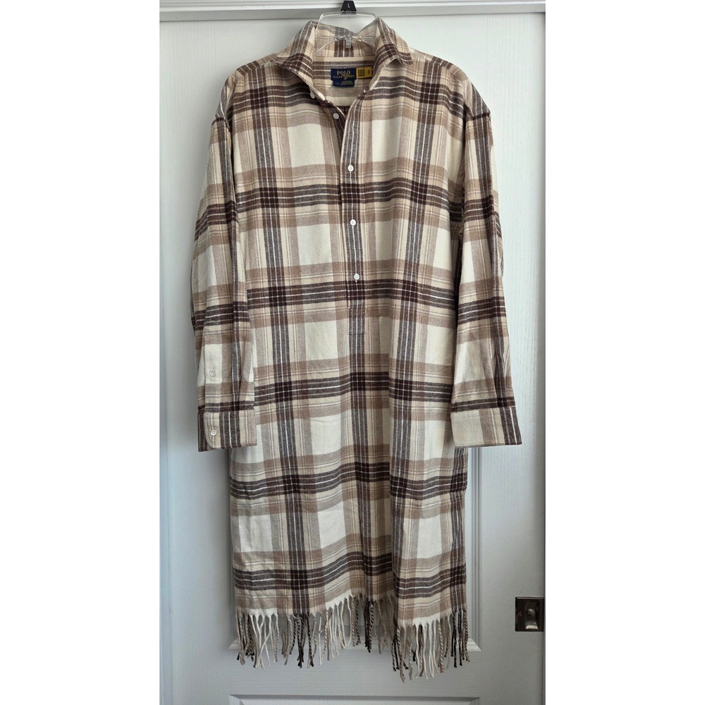 Polo Ralph Lauren Plaid‎ Fringed Shirt Dress Size 14 Beige Brown Long Sleeve - Picture 2 of 7